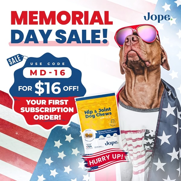 This ad creative features a patriotic-themed dog image alongside a clear discount offer for dog supplement subscription orders.